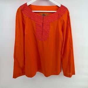 Tory Burch Orange and pink Long-Sleeve Tunic with Embroidered Yoke